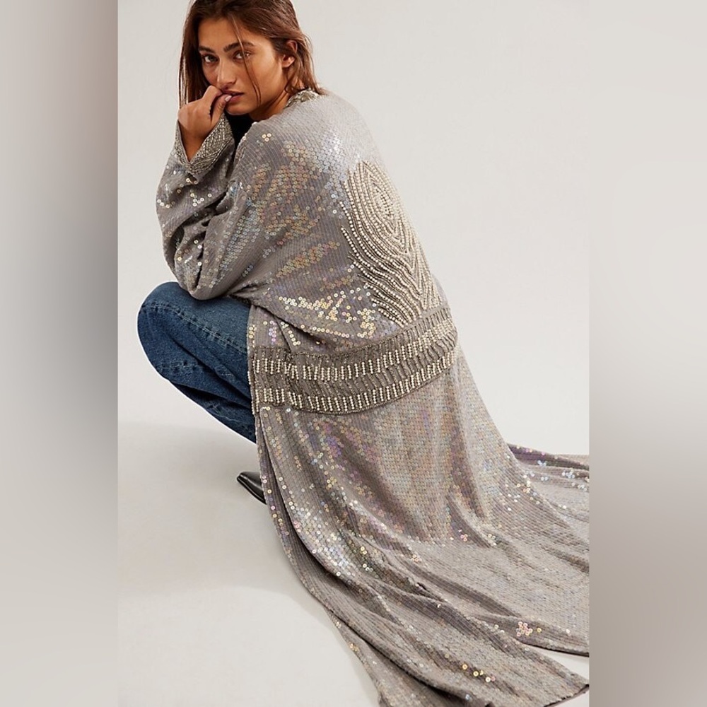 NWOT Free People Why We Gilded Siren Sequins Beaded Duster Jacket Size Large
